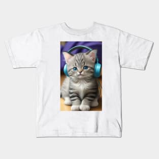 Cute kitty with his headphones Kids T-Shirt